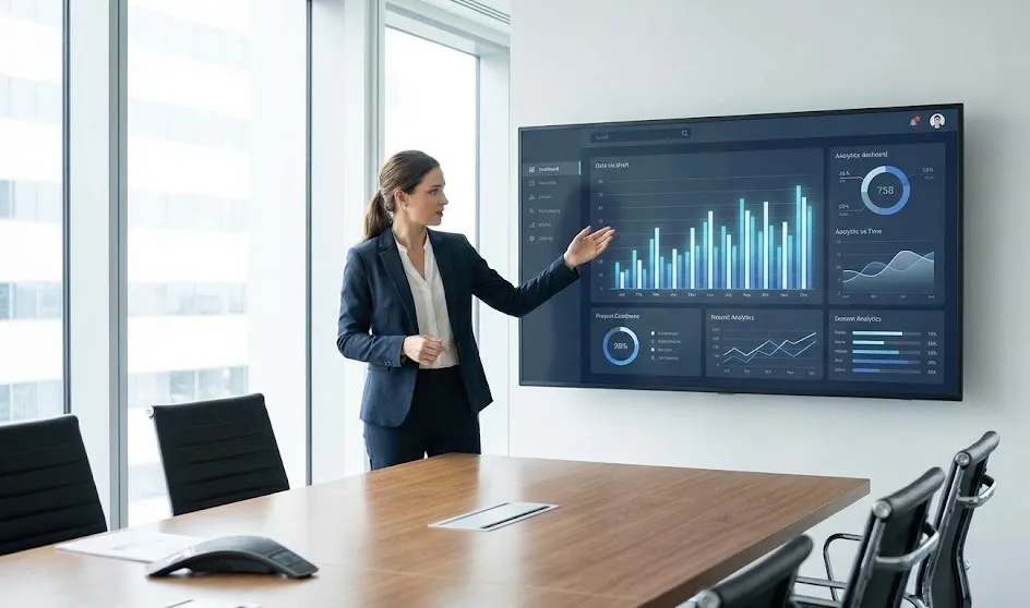 Consultor evaluando resultados de marketing digital.